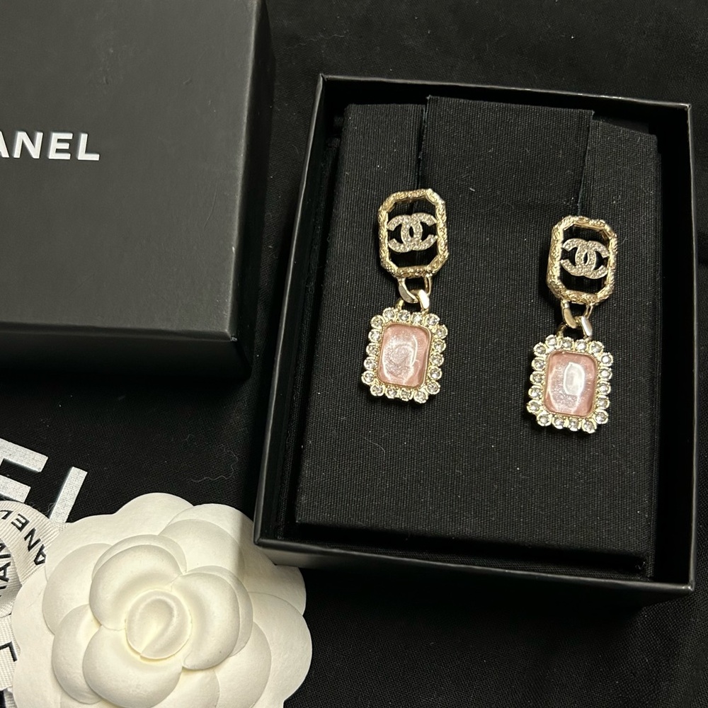 CHANEL Earrings Gold and Pink Crystal Earrings
